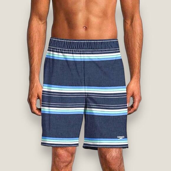 Men's Speedo Blue Striped Active Stretch Swim Shorts Sz: XL - Picture 2 of 7